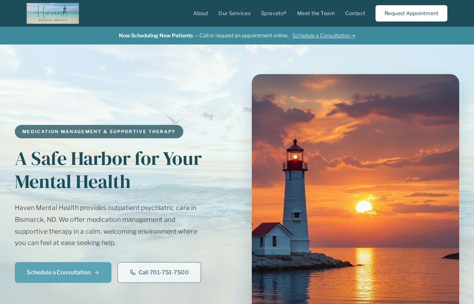 The home page of haven-mentalhealth.org: a lighthouse at sunset beside the headline “A Safe Harbor for Your Mental Health,” with buttons to schedule a consultation or call the practice.